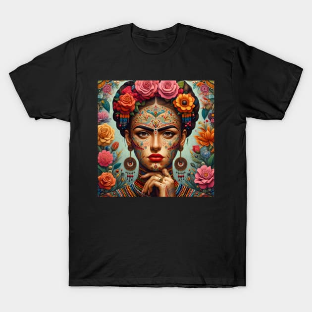 Latina woman folk art, frida kahlo looklike, flowers and tattoo T-Shirt by theholisticprints